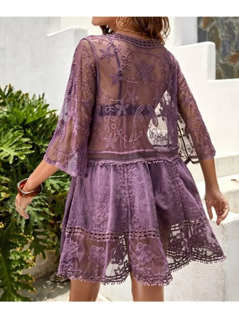 Womens Purple Rayon V-Neck Coverup Sheer Mesh Lace Bathing Suit Swimsuit Coverup